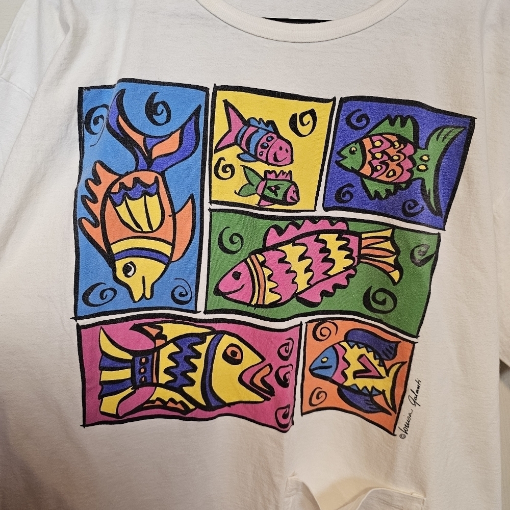 One Size Vintage 80s 90s Fish Grapic Oversized T-Shirt Mini Dress Tunic - Picture 3 of 6